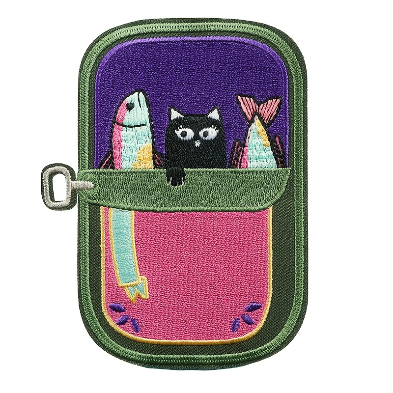 TEMU 1pc Cute Cat In Sardine Can Embroidered Fish Food Tin Iron-on Badge For Backpack Hoodie Decor Gift