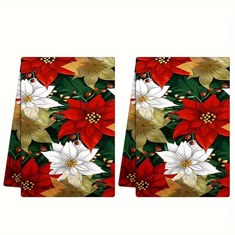 TEMU 2pc Vintage Christmas Kitchen Towels - Floral Design, Machine Washable, 40cm X 16inch, Perfect For Festive Holiday Decor