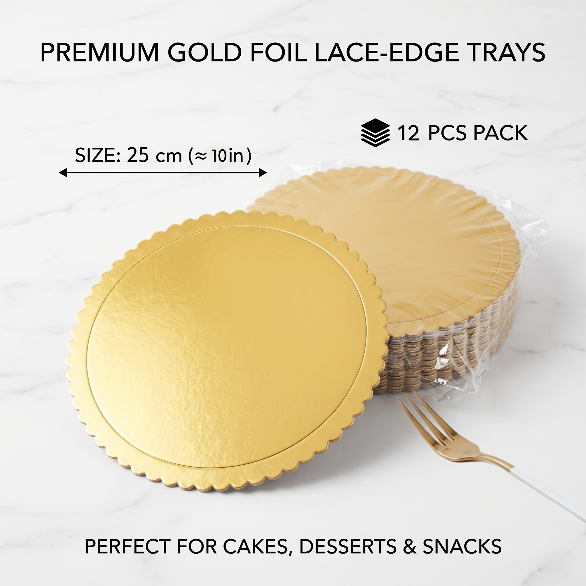 TEMU 12/24-pack Golden Scalloped Cake Boards, Round Cardboard Cake Base Trays, Laminated Foil Waterproof Oil-proof Dessert Platters For Wedding