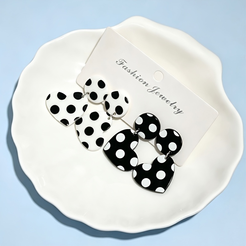 2pc Heart Polka Dot Earrings Set, Fun & Fashionable