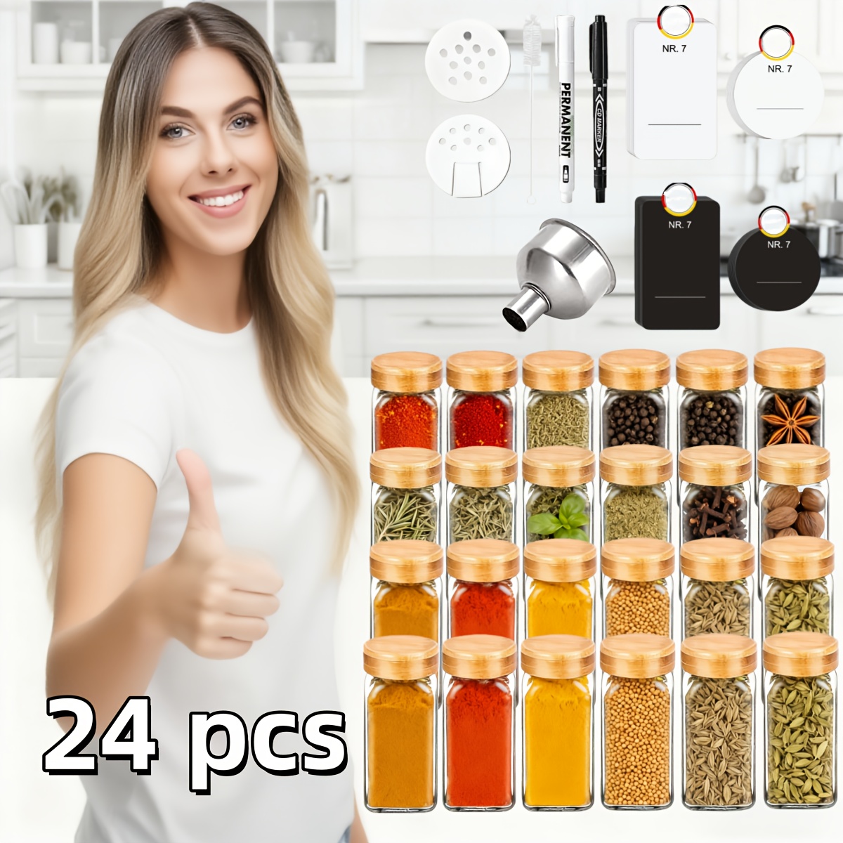 Saeiv 12/24/35 Square Spice Jar Collection, Durable Glass Spice Containers, Bamboo Cover, 120ml Capacity, Ideal For Arranging Kitchen Spice Storage