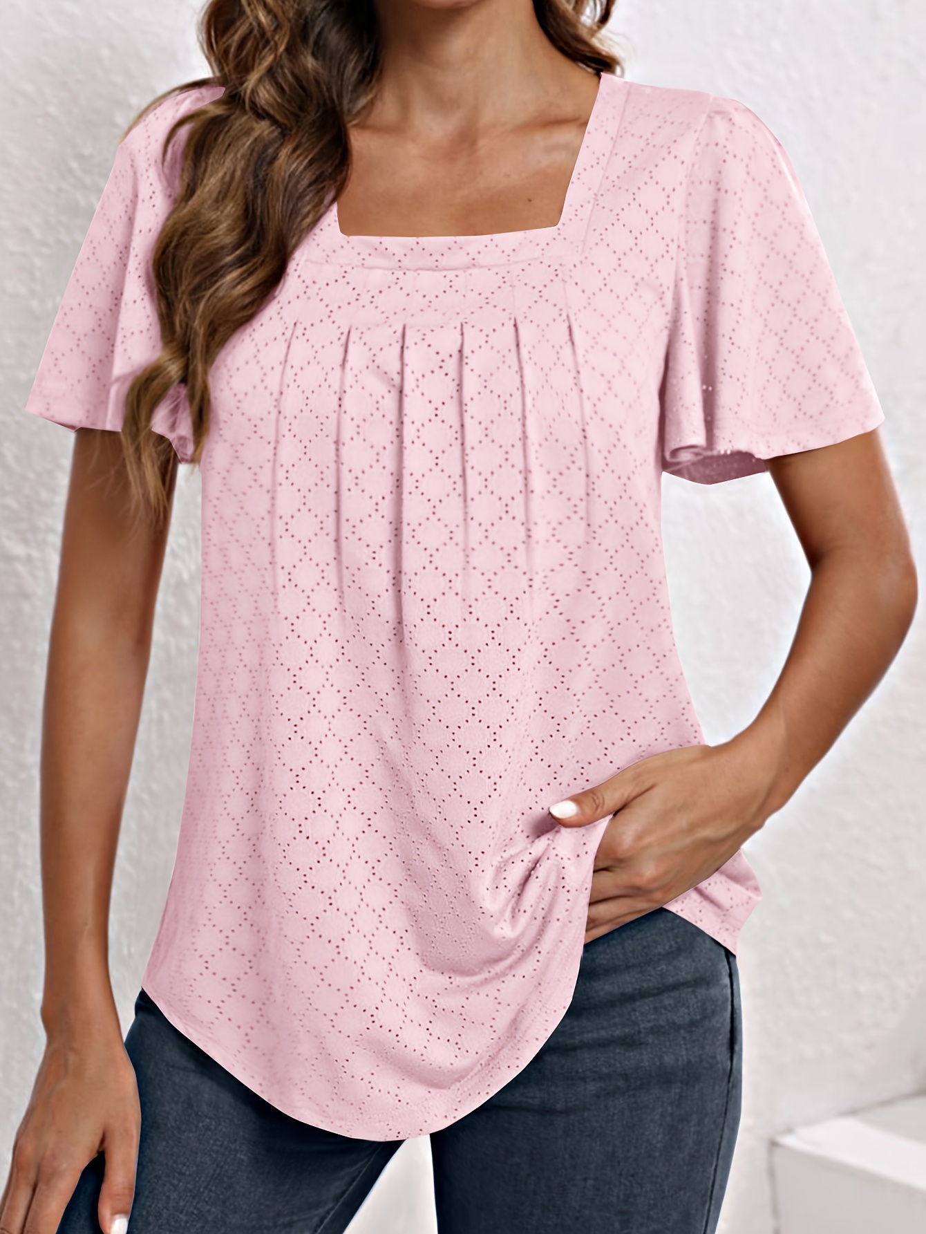 Plus Size Women'S Square Neck Ruffle Sleeve Top - Breathable Eyelet Cut-Out Fabric, Unique Chest Pleat Design, Elegant Fashion for Spring Summer Fall, Formal & Casual Wear, Casual Wear Top | Pleated Detail Top | Stretchy Fabric Top, Ladies T Shirts