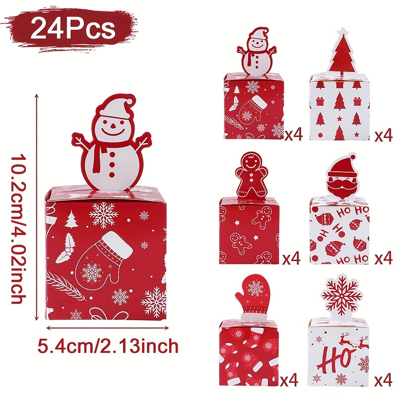 Image of 24pcs, Red White Christmas Candy Boxes, Square Snowflake, Snowman & Santa Christmas Tree Designs Gift Candy Box Treat Boxes - For Candy, Chocolates, Goody, Xmas Christmas Party Favors