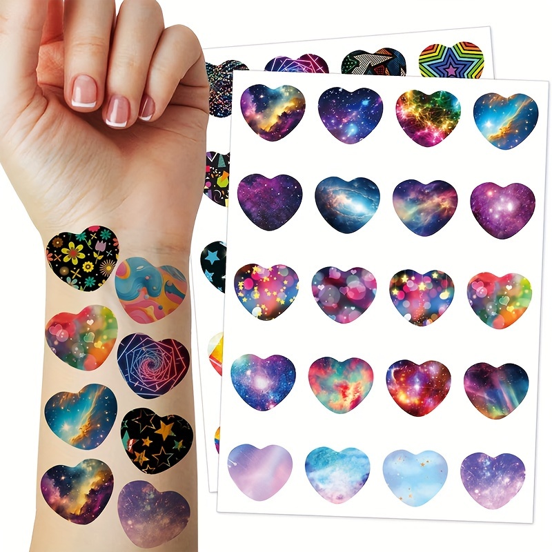 Image of 2 Sheets Heart Temporary Tattoos, 40pcs Heart Stickers, Starry Multicolor Heart Tattoo Party, Body Art, Size: 15x21cm