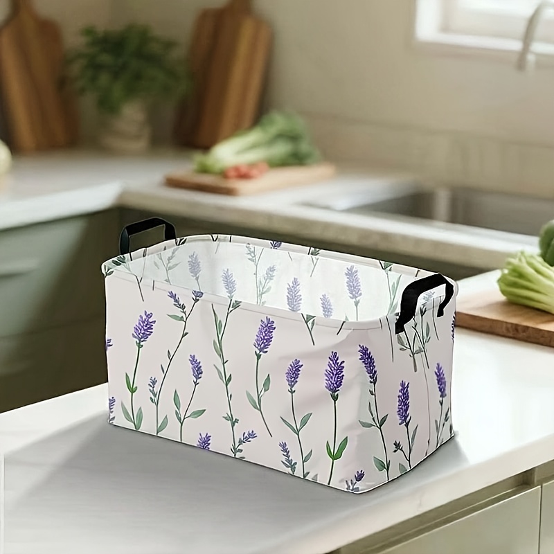 TEMU 1pc, Dokriy, Watercolor Lavender Printed Storage Basket, Foldable Fabric With Handle, Kitchen, Bathroom, Bedroom Storage Box