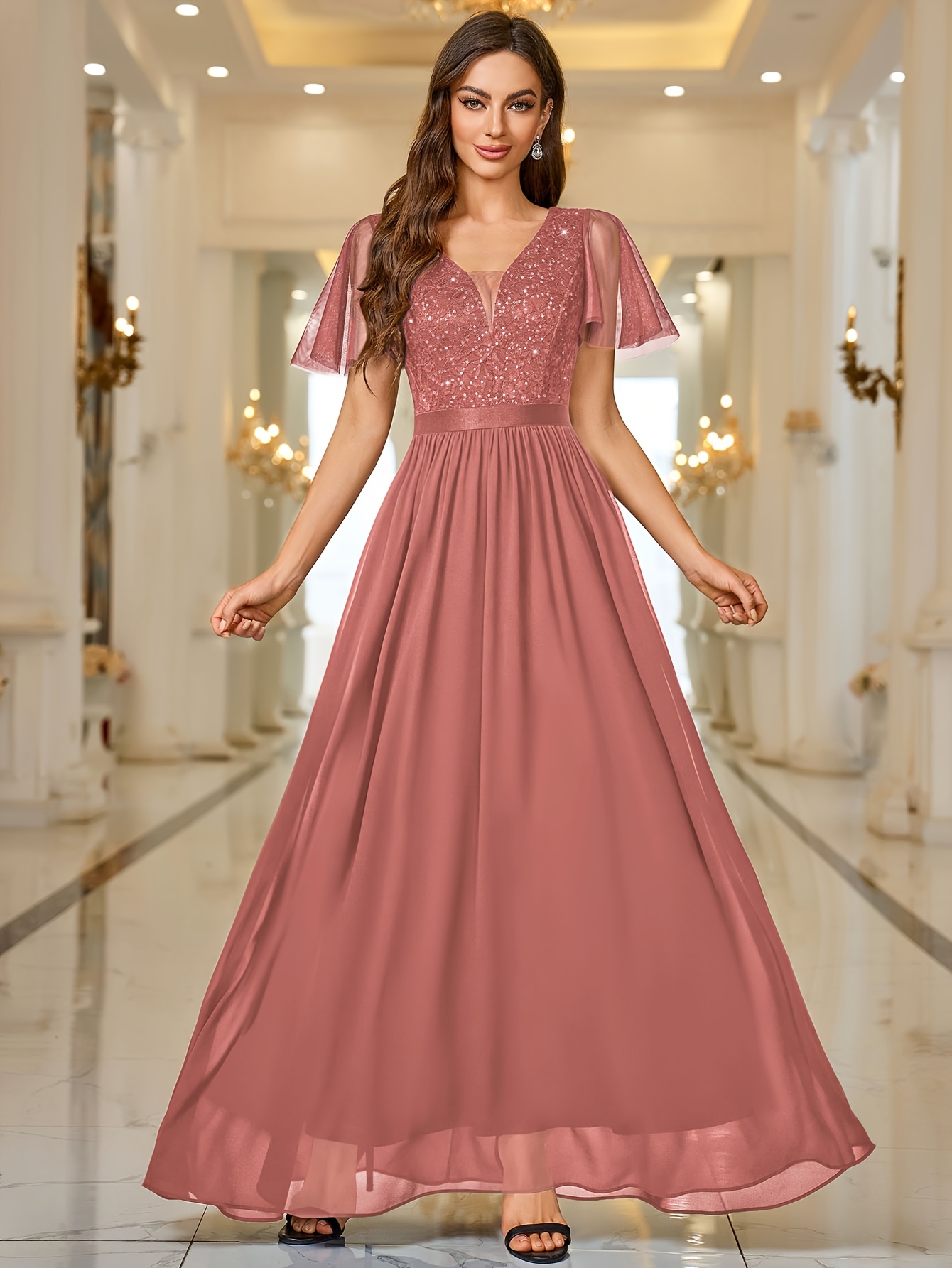 54228 Elegant Women'S Sequin Lace Contrast Chiffon Bridesmaid Maxi Dress,  V-Neck with * Tulle Short Sleeves, A-Line Gown * Formal Evening, Wedding  Party, Evening Prom