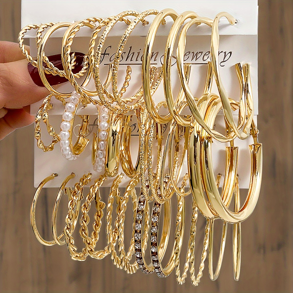 

18 Pairs Golden Metal, Faux Pearl & Crystal Embellished Large Hoop Earrings Set, Classic Style, Fashion Statement Jewelry For Women
