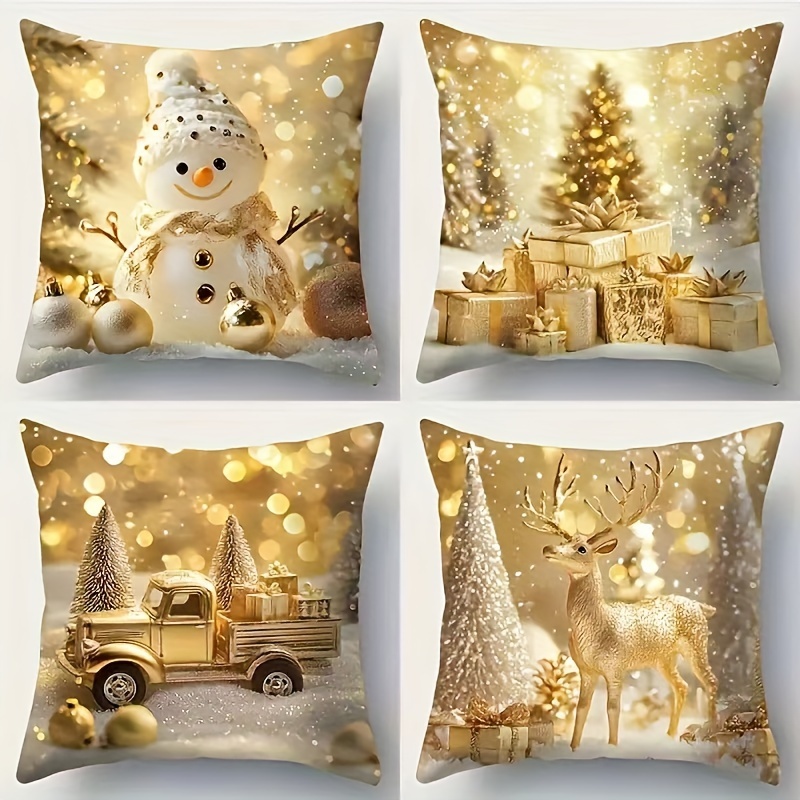 

Christmas, 4pcs, Golden Christmas Print Pillow Cover, Soft, Comfortable And , 18 * 18 Inch Pillowcase, Used For Christmas Decoration, Sofa, Bedroom, Living Room, Decorative Pillow Cover