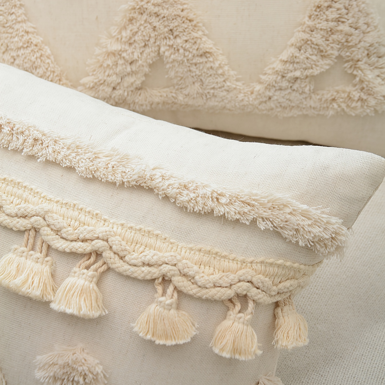 1pc of Pillowcase Made from Natural Linen, Featuring Geometric Tassel Trimming And Single-Sided Tufted Embroidery, Ideal for Decorating Sofas, Living Rooms, And Bedrooms, Does Not Include Pillow Insert