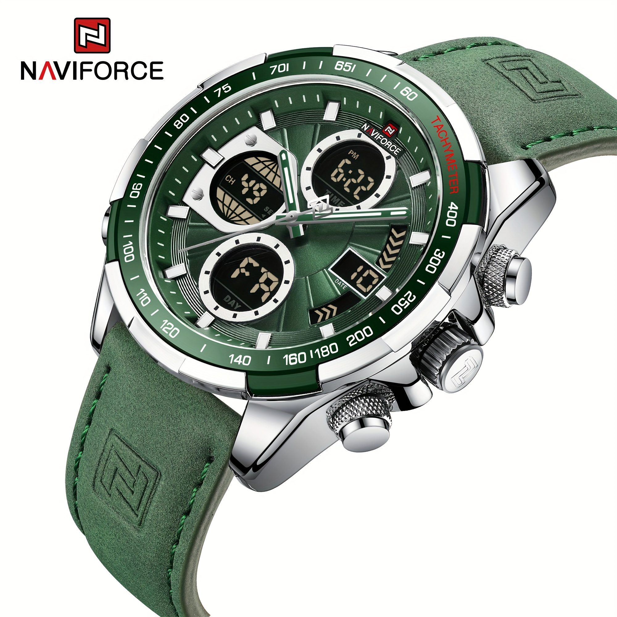 

Naviforce Men's - Green Genuine Leather Strap, Stainless , Chronograph & Date Functions, Ideal For Casual Or Athletic Wear, Athletic Accessory|classic Round Dial| Alloy