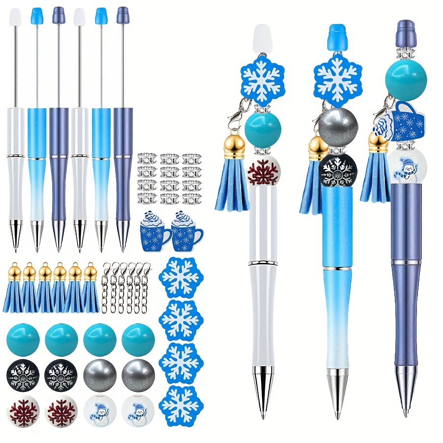 

48pcs/6sets Diy Bead Pen Set, 1mm Black Ink Ballpoint Pens With Snowflake & Mug Charms, Wooden Beads, Office & School Writing Accessories, Craft & Sewing Supplies, Plastic Material