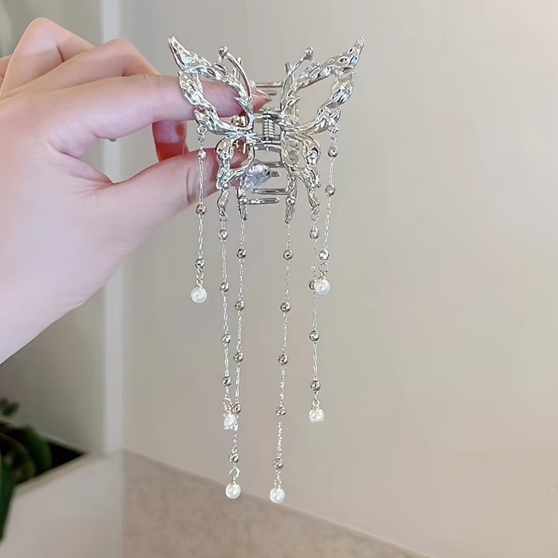 TEMU 1pc Alloy Butterfly Tassel Hair Claw Clips With Faux Pearl Pendant For Women, Trendy Sparkling Punk Hair Accessories, Perfect For Party Photography Daily Wear, Y2k Style Gifts