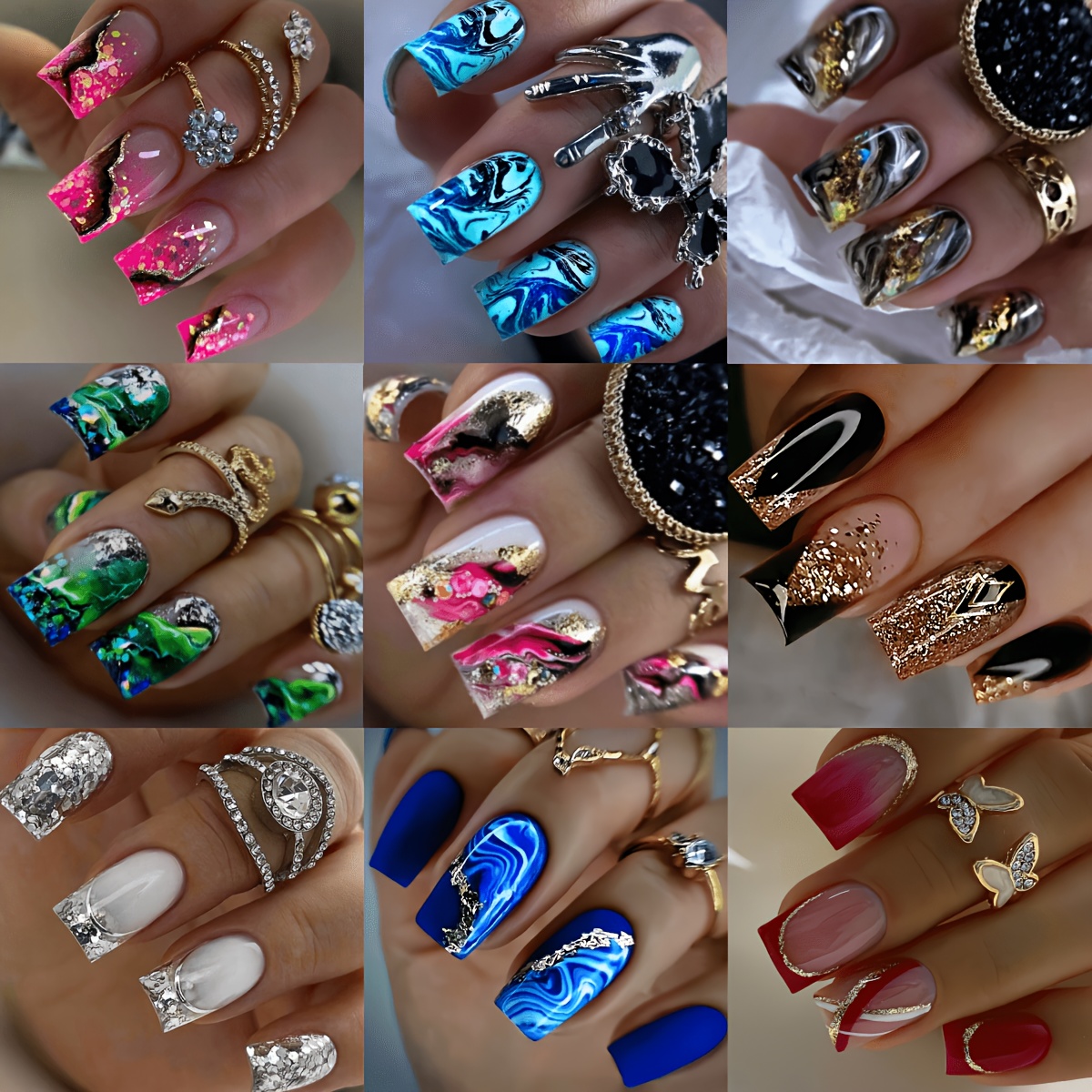 TEMU 216pcs Striped Marble Multicolor Mix Medium-length European Square Press-on Nails, Detachable Fake Nails, Reusable Artificial Nails, Simple ,