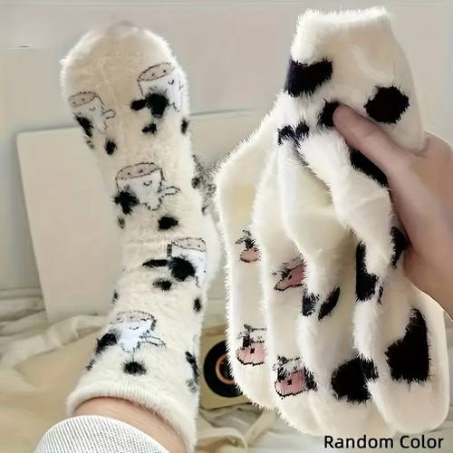 of non shedding warm plush socks soft and cute cow and little dinosaur patterns durable and fade resistant suitable for home bedroom floor socks random colors