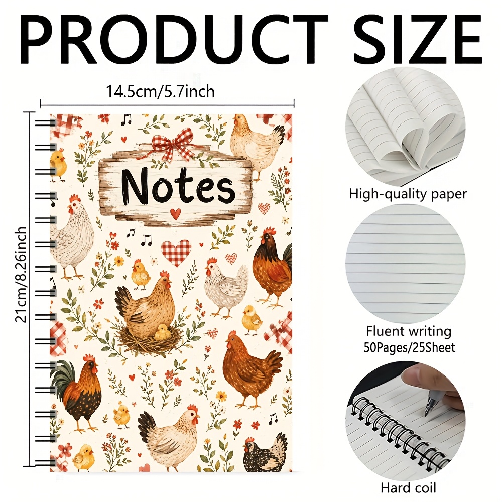 TEMU 1pc A5 Notes Spiral Notebook, 50 Pages/25 Sheets, Hen, Chick, Flower, Leaf, Gingham Heart And Notes Wooden Sign For Daily Writing, Study Notes,