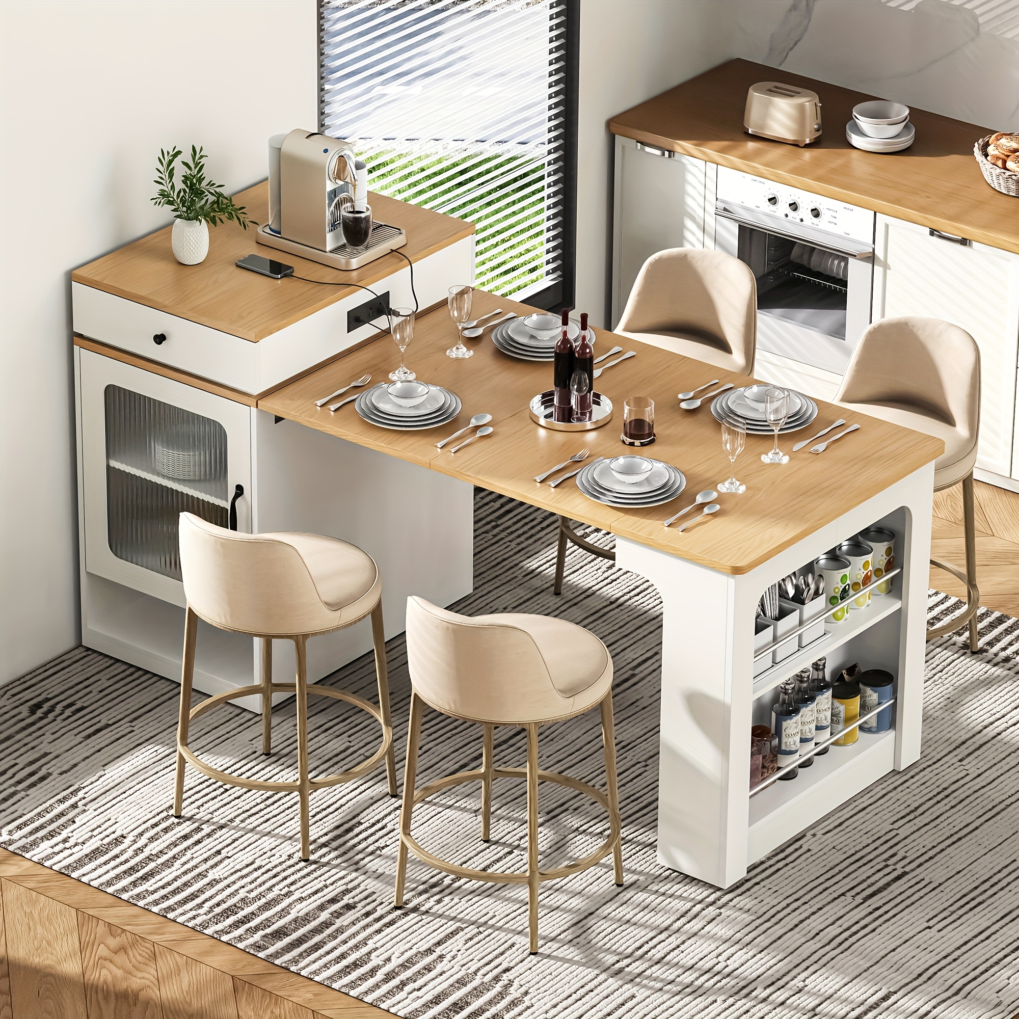 Kitchen Island with Extendable Dining Table & Power Outlets
