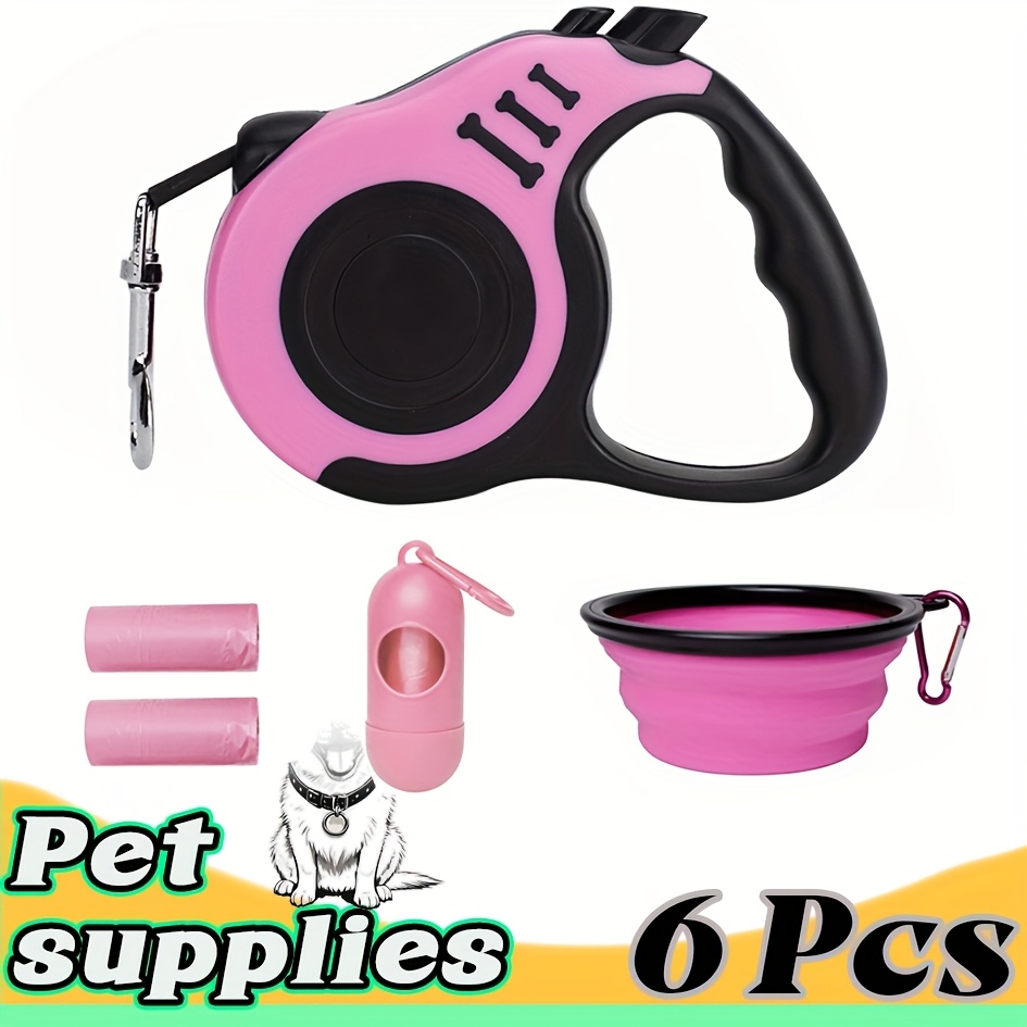 A 6pcs Pet Travel Kit Including a Pet Cleaning Set, a 5M/16.4Ft Retractable Dog Leash for Easy Control, a Dog Waste Collection Kit, Poop Bags, a Dispenser, And a Convenient Dog Bowl, Suitable for Outdoor Walks, Travel, And Hiking