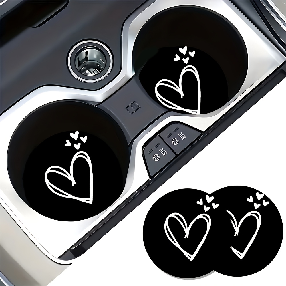 2 White Heart-patterned Car Coasters, Absorbent And , Easy To Clean, Suitable For Office/home/car Use, Ideal Gifts For Valentine's Day/birthdays, Enhance The Beauty Of Car Decor, Compact And Portable