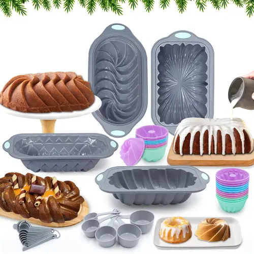 44 pack silicone bread loaf pan novelty collection cake pans lotus spiral braided classic fluted shape loaf rectangular non stick baking mold for cakes breads meatloaf and jelly