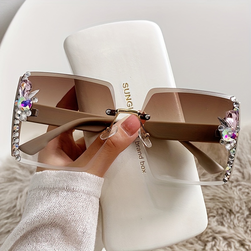

Rhinestone Inlaid Fashion Glasses Cut Edge Frameless Luxury Gradient Glasses Women's Travel Decoration Fashionable Glasses