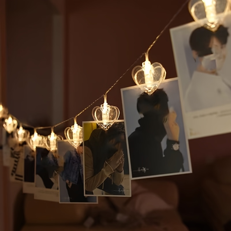 TEMU Guirlande Lumineuse à Photos avec Pinces de Cœur " : 2m/10 LED Chaudes + Pince Cœur Transparente, Créez Facilement un Mur Photo de Style