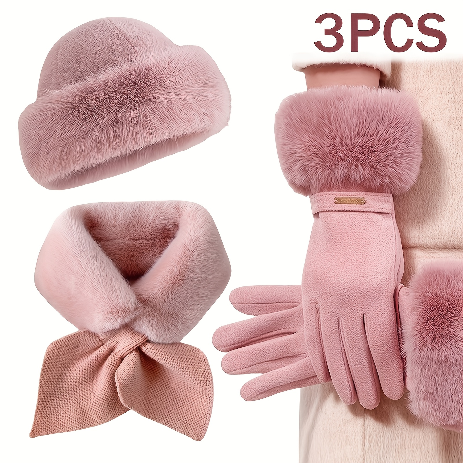 

Fashionable Fluffy Style Hat Scarf And Fluffy Gloves Set For Women Winter Warm Gift