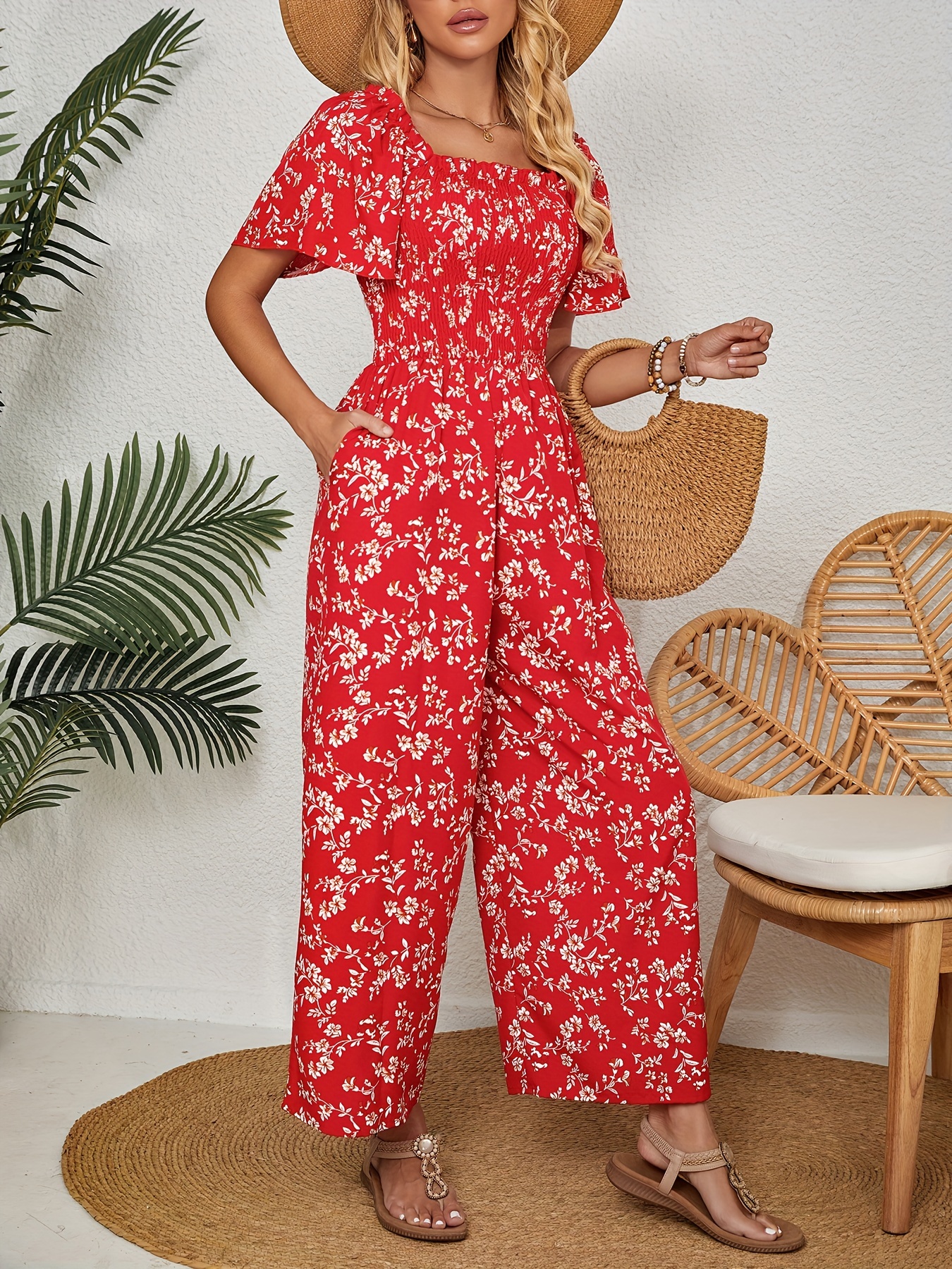 Floral Print Shirred Wide Leg Jumpsuit Vacation Square Neck Short Sleeve Jumpsuit Women s Clothing