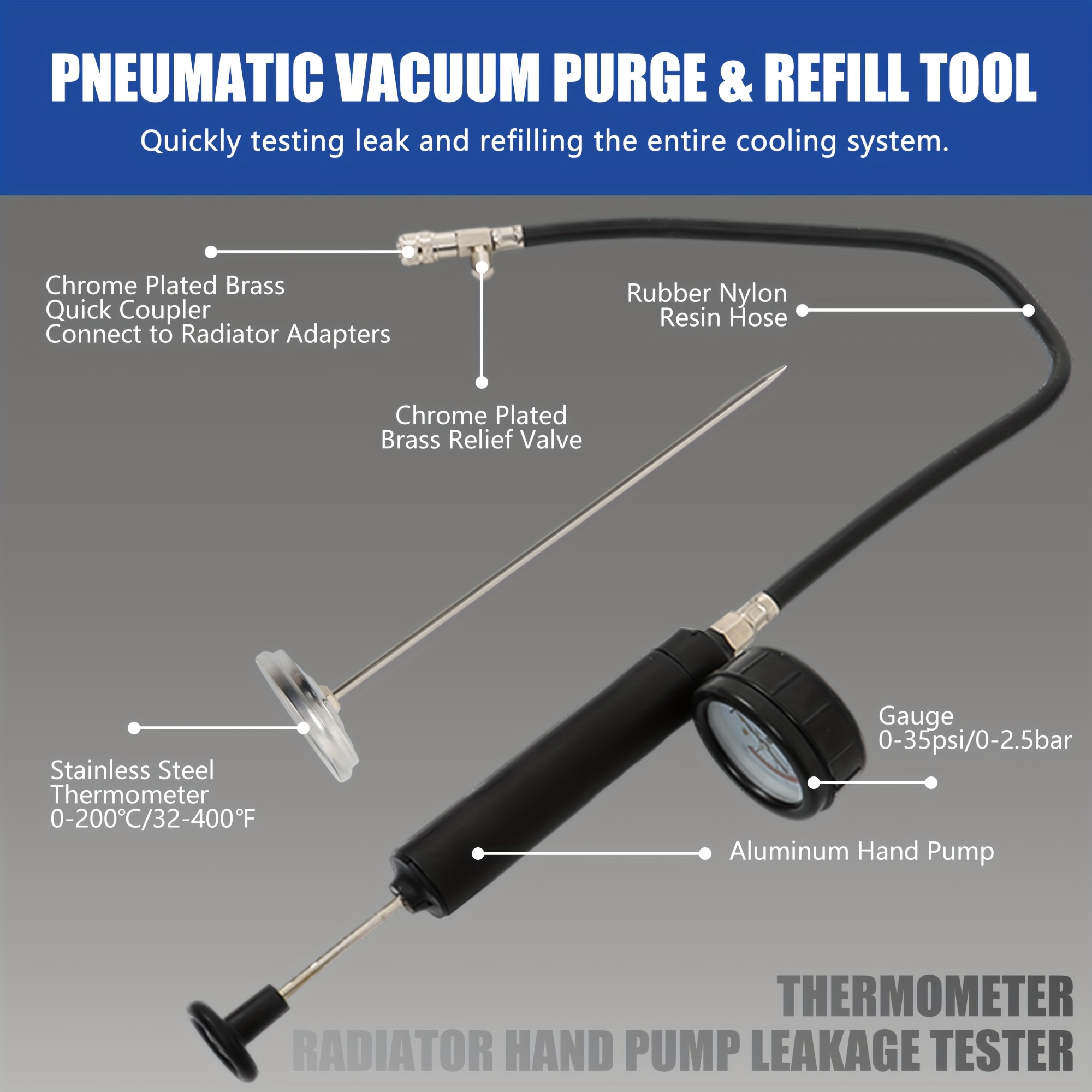 Oem Tools 24444 24444 Coolant System Refiller Kit, Vacuum Coolant Refill Tool Vacuum Leak Tester, Remove Trapped Air / Test Radiator And Heating Core Lines Leaks, Come With 5 Adapters Universal For