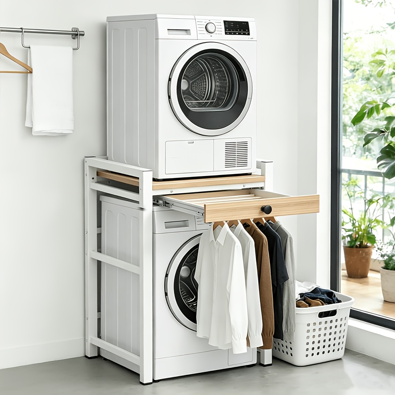 Image of White Washing Machine Rack With Pull-out Towel Holder - Laundry/drying Cabinet, With Storage Above Washing Machine, 300kg Load Capacity, Suitable For Bathroom/balcony, Shelves