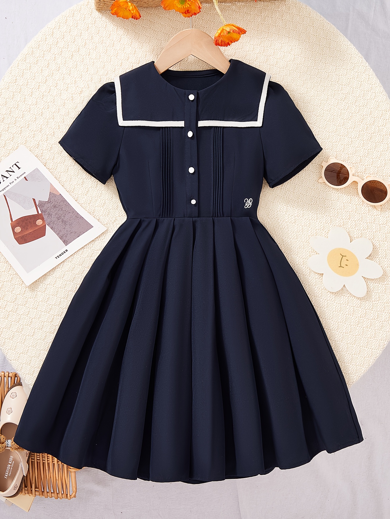 navy blue dress with white collar Navy Cotton Pique Smock & hand Embroidery Long Sleeve Dress – Little Dream main image 1