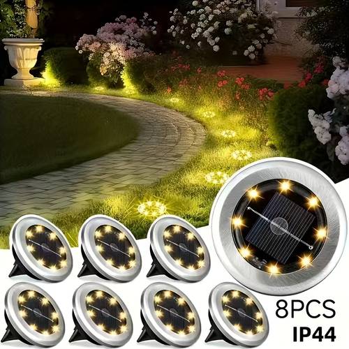8 12pcs solar ground spotlight geo lights stainless steel warm outdoor landscape lights 8led rotating disc lights garden lawn lighting floor lamp ground light pathway yard walkway patio lawn