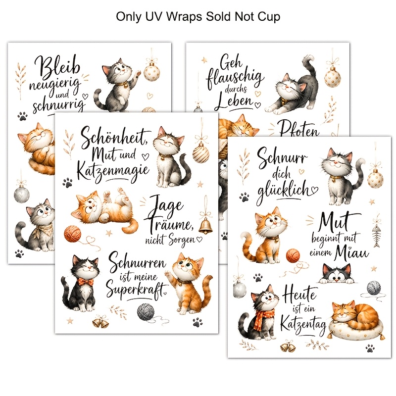 TEMU 4pcs, Cute Cat German Pattern, Uv Dtf Waterproof Scratch-resistant Vinyl Material, Suitable For Crafts, Cups, Bottles, Laptops, Home Decor,