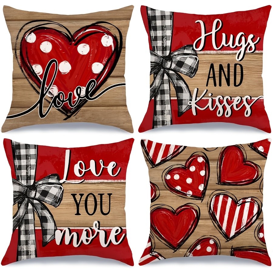 

4-pack Linen Throw Pillow Covers, Rustic Farmhouse Valentine's Day Decor, & Stripes, Machine Washable, Zipper Closure, Country Style Cushion Cases For Home & Wedding Decor