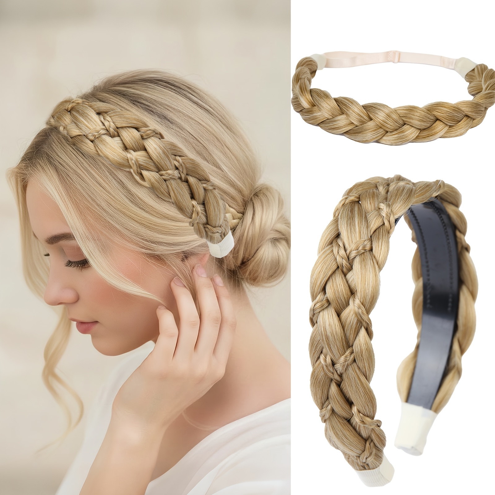 TEMU Conjunto de 2 diademas trenzadas para el cabello, 1 elástica trenzada y 1 trenzada diseñada para mujeres, elegantes trenzas sintéticas de espina