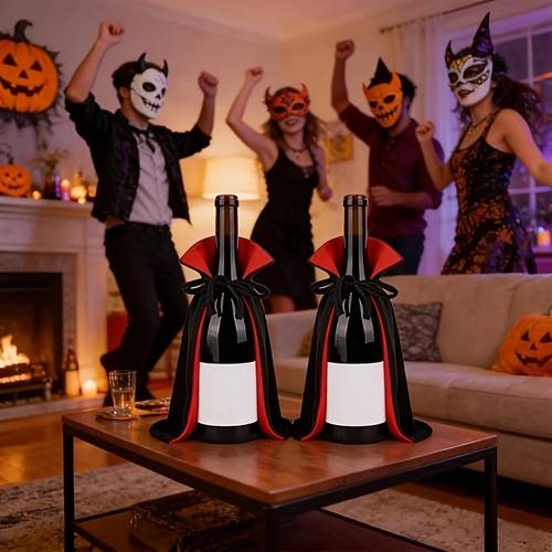 item picture 2pcs halloween wine bottle covers knitted fabric vampire cape bottle decoration halloween party decorations home decor themed events black and red