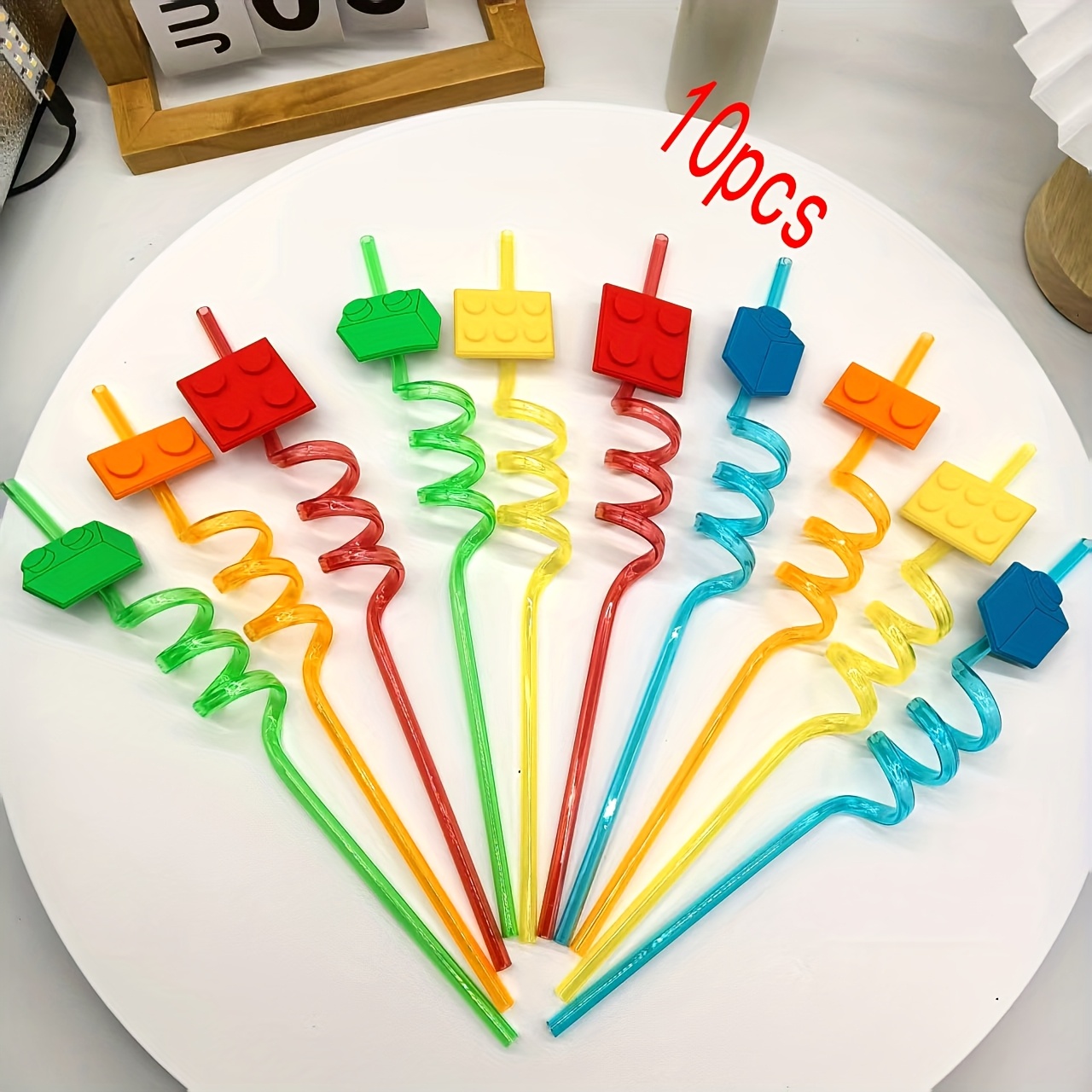 10pcs Reusable Plastic Straws, Building Block Theme, Heat-resistant Pet Material