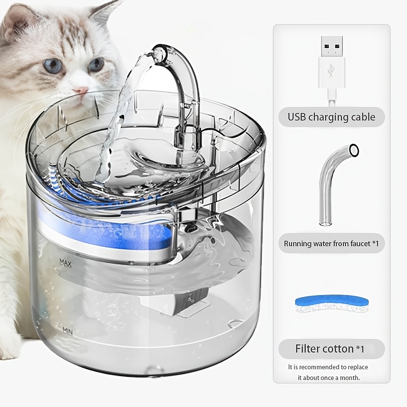 TEMU Fontaine à eau silencieuse pour chat 1,8 L, distributeur d'eau automatique à circulation pour animaux de compagnie, transparent, avec cartouche