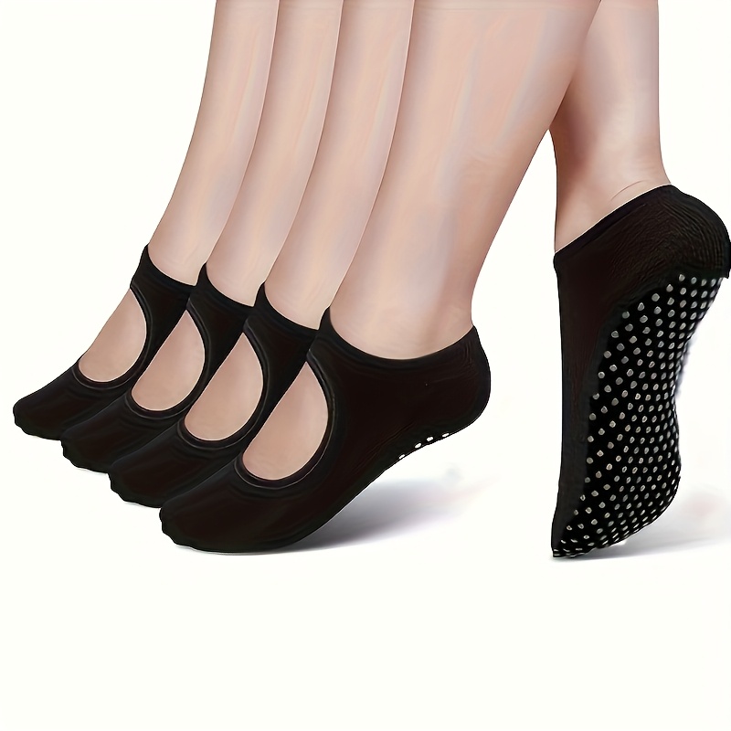 Image of 4 Pairs Women's Professional Yoga Socks With Anti-slip Grip, Pure, Non-slip Pilates Socks For Dance, Fitness, And Yoga, Knit Fabric, 500g/m² Weight, Solid Color, Pilates Sock
