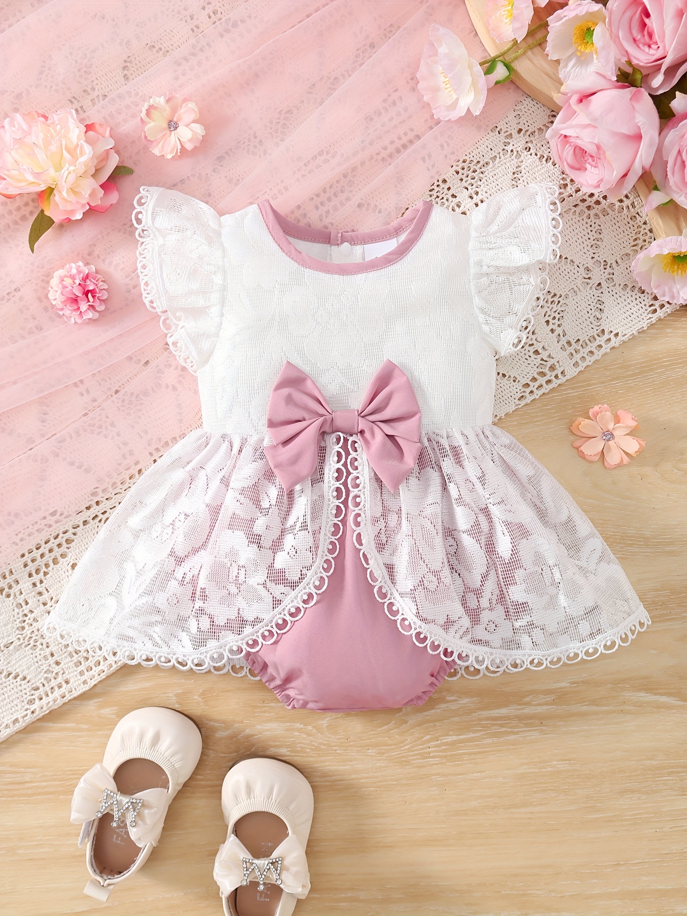 newborn girl white lace sleeveless dress pink bow detail Temu