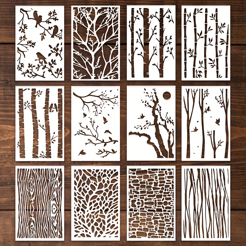 TEMU 12pcs Tree And Nature Stencils, 5.2 X 7.99 Inches Reusable Plastic Templates, Including Bamboo, Birch, Tree Branches, Wood Grain, Stone Wall And