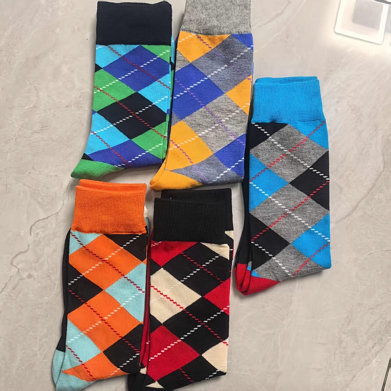 5-pack Men's Mid-calf Socks - Geometric Argyle Pattern, Vibrant Color , Soft Durable Fabric For Casual & Formal Wear, Quality Fabric Socks