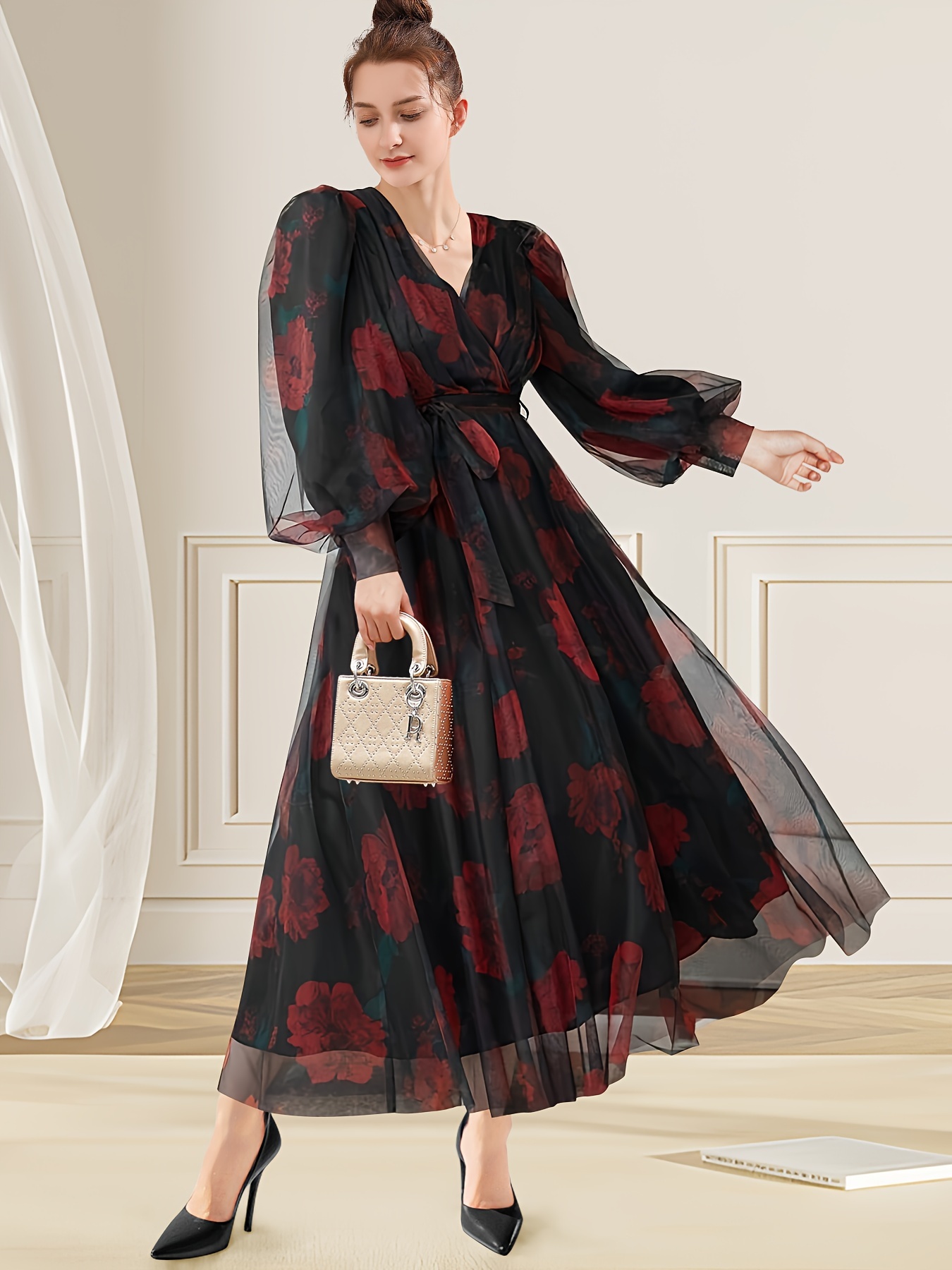 1pc elegant floral print sheath dress women v neck long - Temu