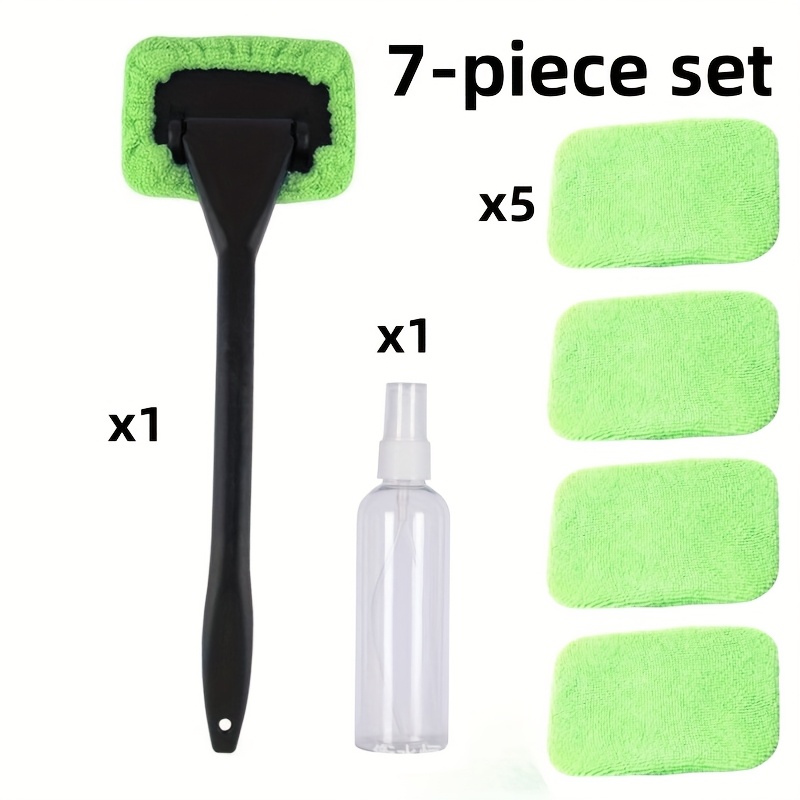TEMU 7pcs Set - Windshield Cleaning Tools, Including A 100ml Spray Bottle, 5 Reusable Cloth Pads, Car Interior Window Cleaning Rods, Car Wiper Brush,