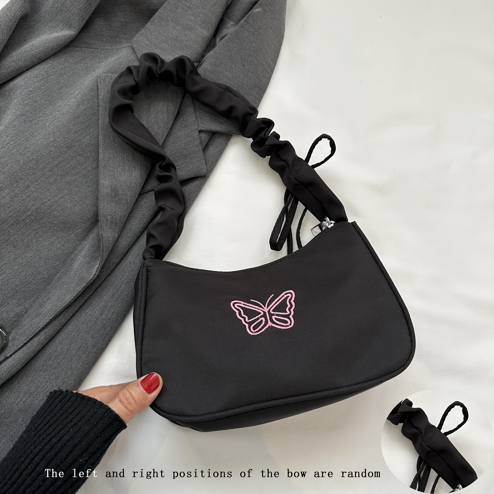Image of Women's Pleated Cloud Handbag - Casual Oxford Fabric, Print, Random Bow Position, Zipper Closure And Polyester Lining, Portable For Daily Use, Fashionable Women's Accessories