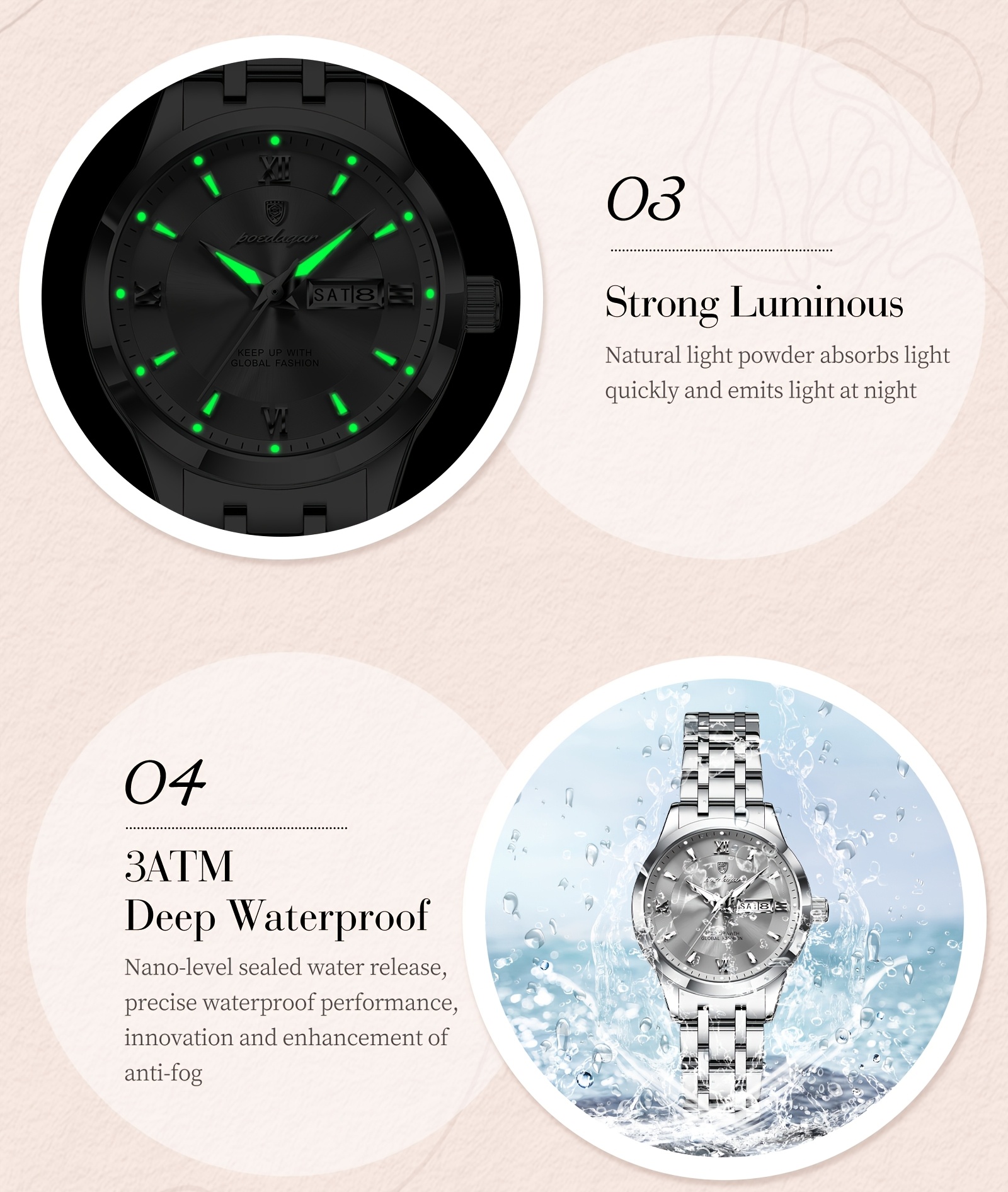 Ladies' Vintage Elegant Steel Strap Watch, Stainless Steel Quartz Wristwatch, Luminous Weekly Calendar Watch for Women