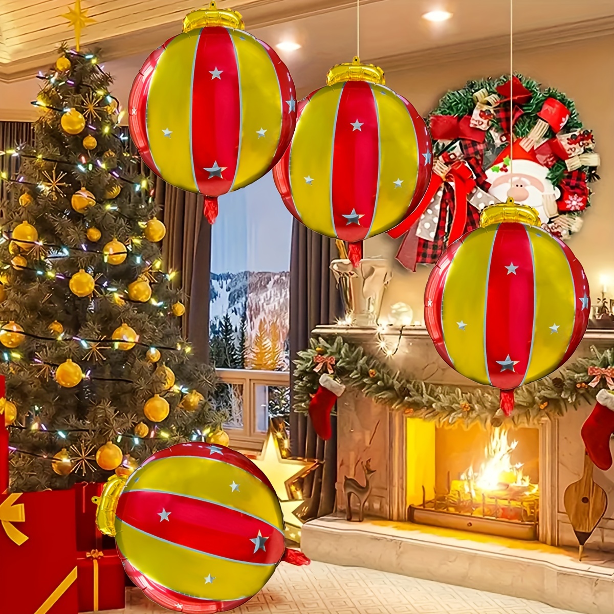 

4pcs Set Of Starry Red & Golden Hanging Lantern Balloons - Christmas, Birthday, New Year's Decorations In Living Room, Kitchen, And Party Settings