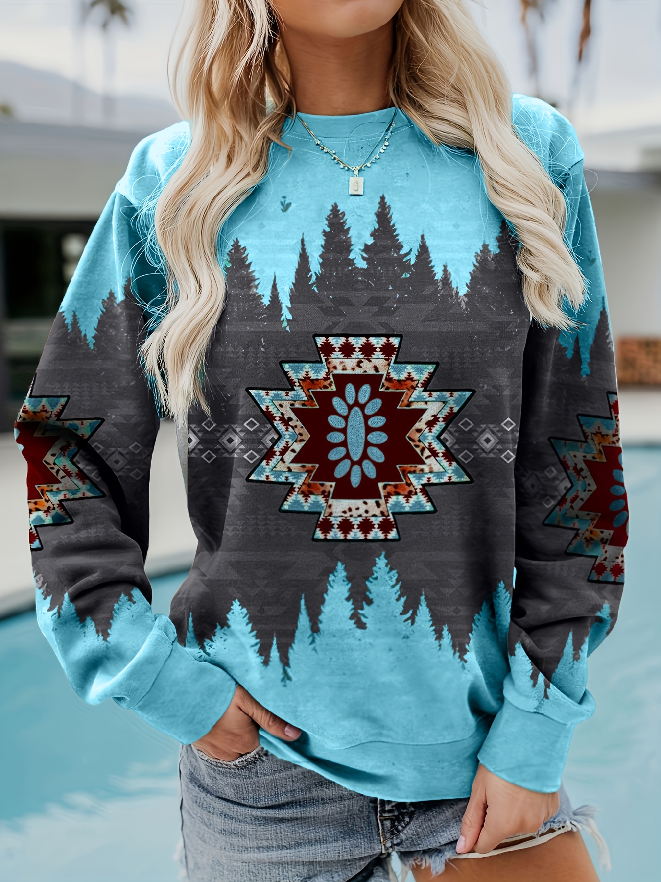 aztec print pullover sweatshirt casual long sleeve crew neck