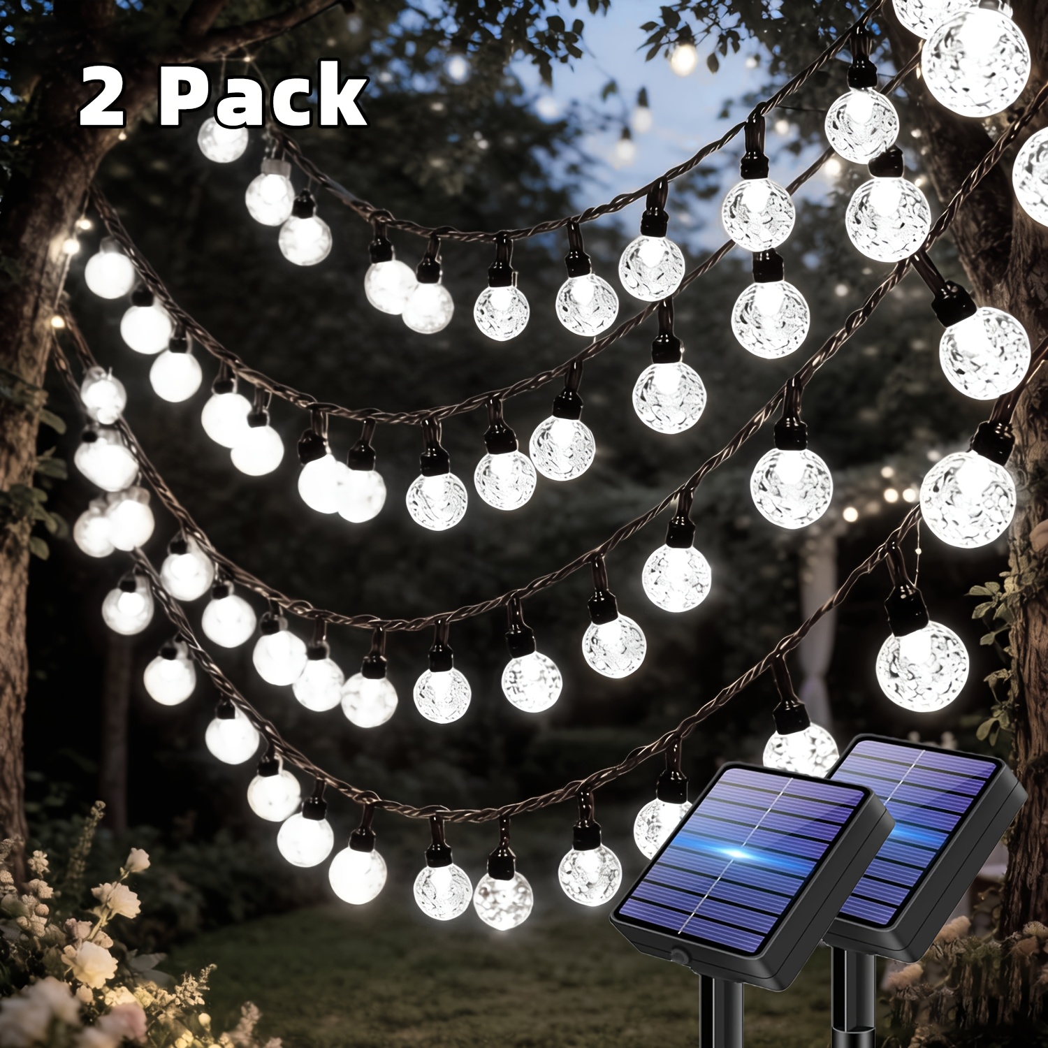 2 Pack, Outdoor Solar String Lights, 65.8ft Crystal Ball Decorative Lights, Supports Lighting , Ipx4, Light Sensor Solar Panel Powered, Suitable For Camping, Balcony, Garden, Wedding, Christmas, Party