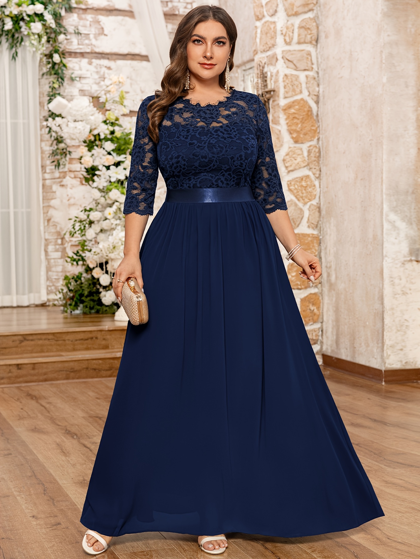 chinese dress ladies Plus Size Party Maxi Dresses Long Sleeve See-Through Lace Maxi Dress main image 1