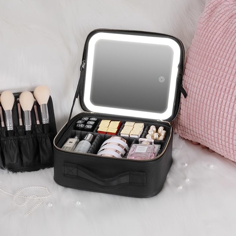 TEMU A Portable Makeup Bag Organizer With An Illuminated Mirror, A Travel Makeup Bag With A Makeup And An Illuminated Mirror With 3 Levels Of , And